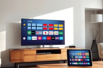 alt_text: A modern Scandinavian living room with a large TV and mobile devices displaying a vibrant Nordic IPTV interface.