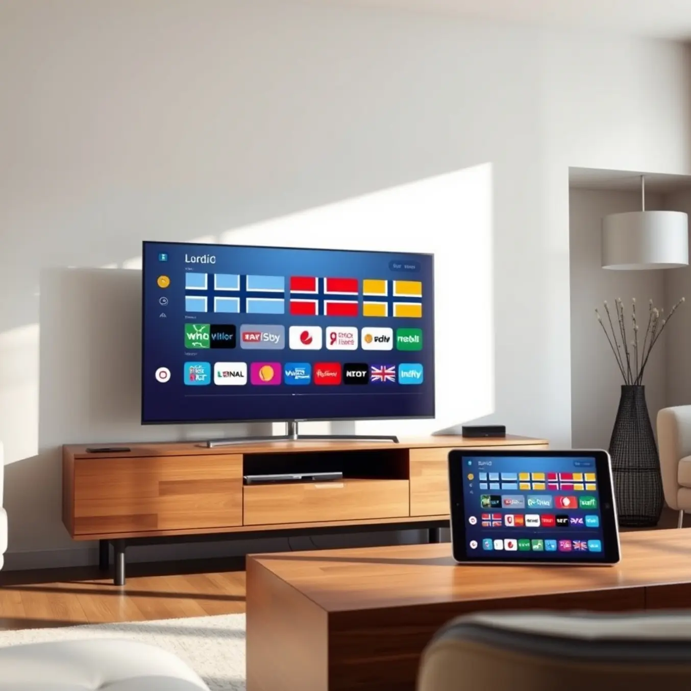 alt_text: A modern Scandinavian living room with a large TV and mobile devices displaying a vibrant Nordic IPTV interface.