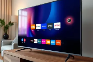 alt_text: A sleek smart TV displays a colorful IPTV app on a minimalist console in a cozy, well-lit living room.