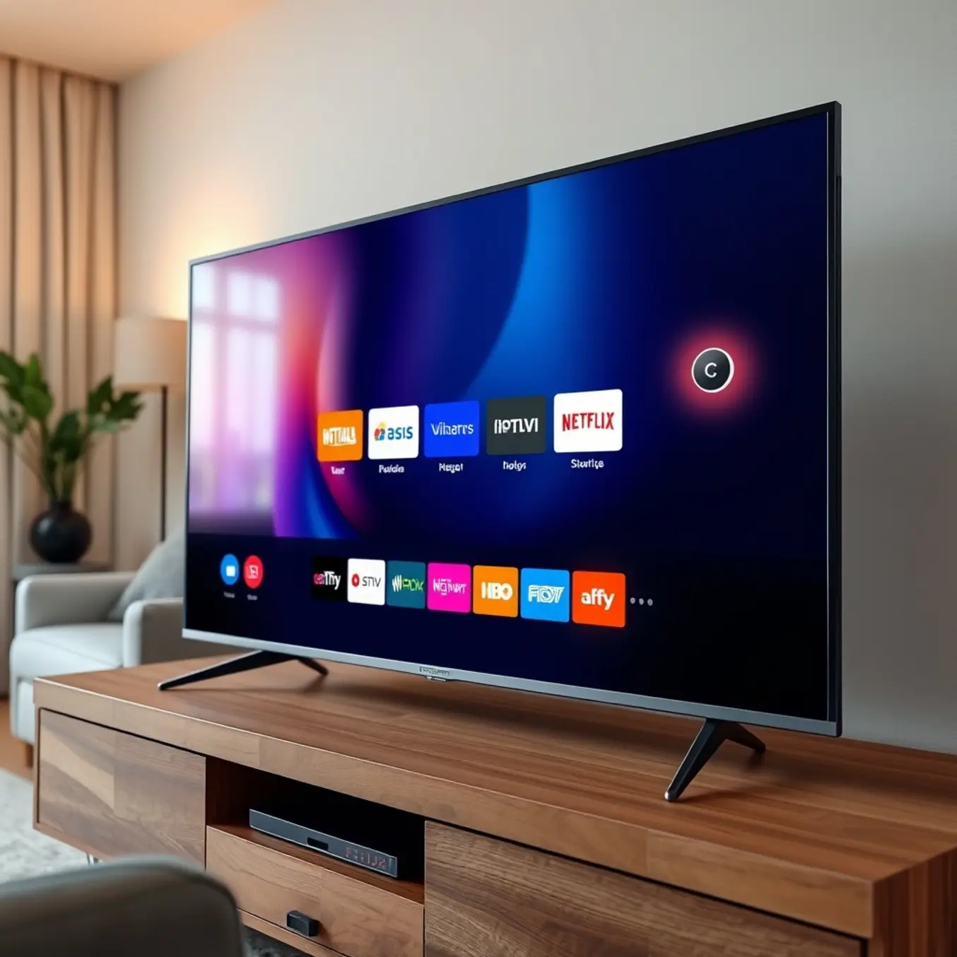 alt_text: A sleek smart TV displays a colorful IPTV app on a minimalist console in a cozy, well-lit living room.