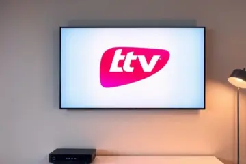 alt_text: A minimalist living room at dusk, lit by a glowing TV displaying a Spanish channel logo and a warm floor lamp.