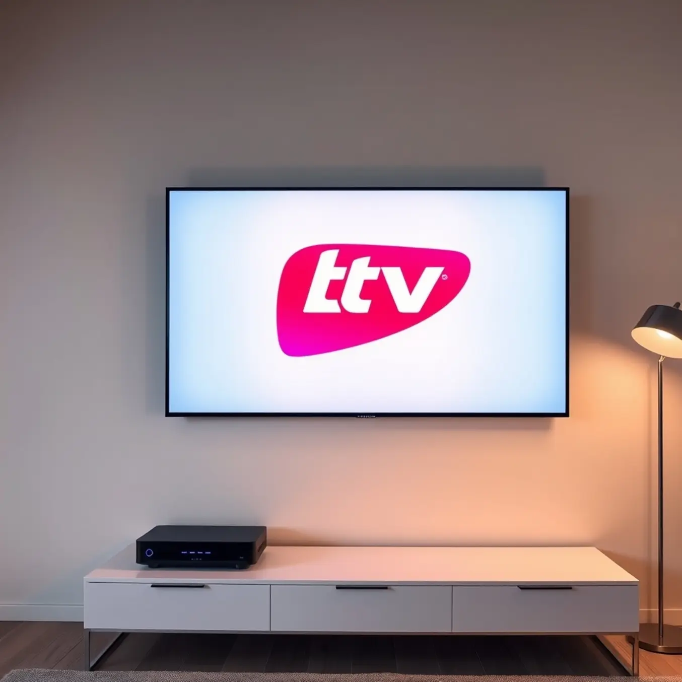 alt_text: A minimalist living room at dusk, lit by a glowing TV displaying a Spanish channel logo and a warm floor lamp.