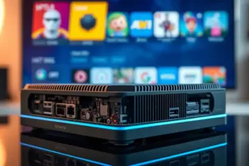 alt_text: A close-up of a modern Android TV box with exposed circuitry, glowing with a cool blue aura, set against a blurred IPTV guide.
