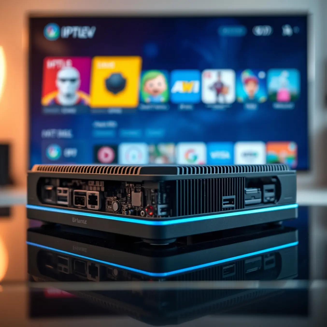 alt_text: A close-up of a modern Android TV box with exposed circuitry, glowing with a cool blue aura, set against a blurred IPTV guide.