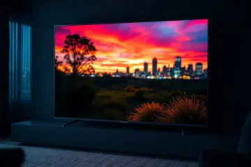 alt_text: A hyper-realistic OLED TV in a dark room displays a vibrant nature scene, with reflections of a blurred cityscape on its screen.