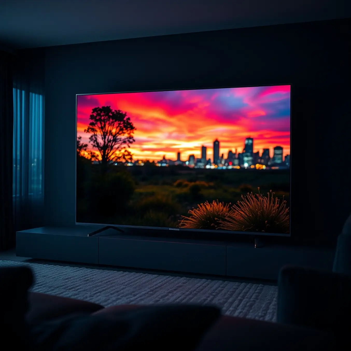 alt_text: A hyper-realistic OLED TV in a dark room displays a vibrant nature scene, with reflections of a blurred cityscape on its screen.