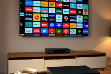 alt_text: A warm Turkish living room at evening. A large TV screen displays a mosaic of Turkish channel logos. A set-top box glows red.