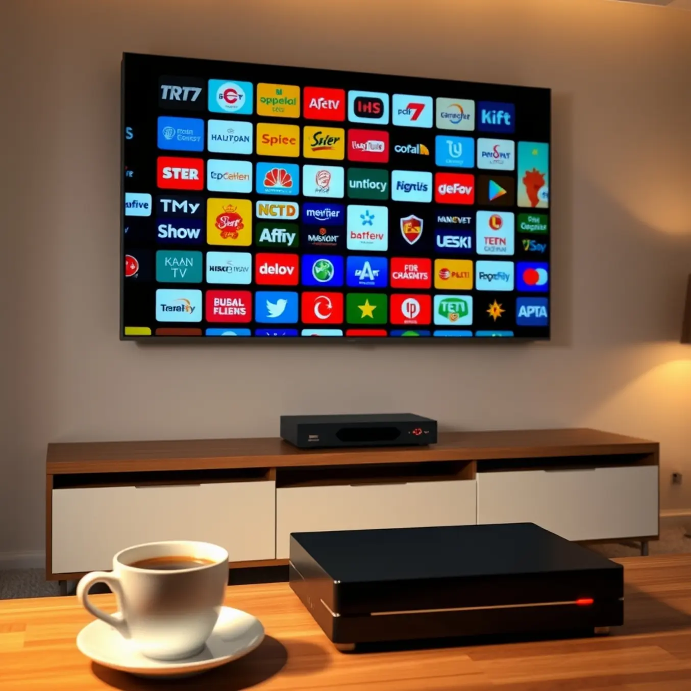 alt_text: A warm Turkish living room at evening. A large TV screen displays a mosaic of Turkish channel logos. A set-top box glows red.