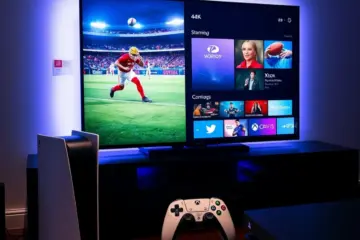 alt_text: A modern gaming setup with a PS5 and Xbox Series X connected to a large TV showing a live sports game and a streaming menu.