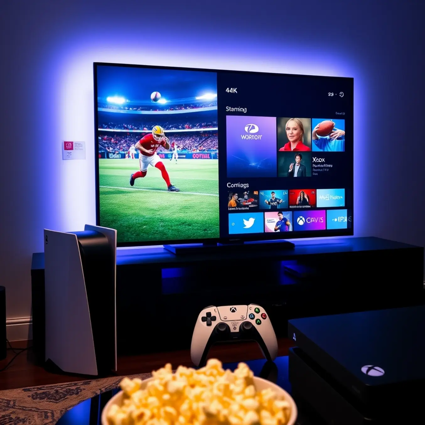 alt_text: A modern gaming setup with a PS5 and Xbox Series X connected to a large TV showing a live sports game and a streaming menu.