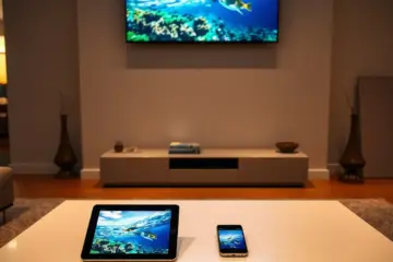 alt_text: A modern Australian living room at dusk, where a TV, tablet, and phone stream a vibrant Great Barrier Reef documentary in perfect sync.