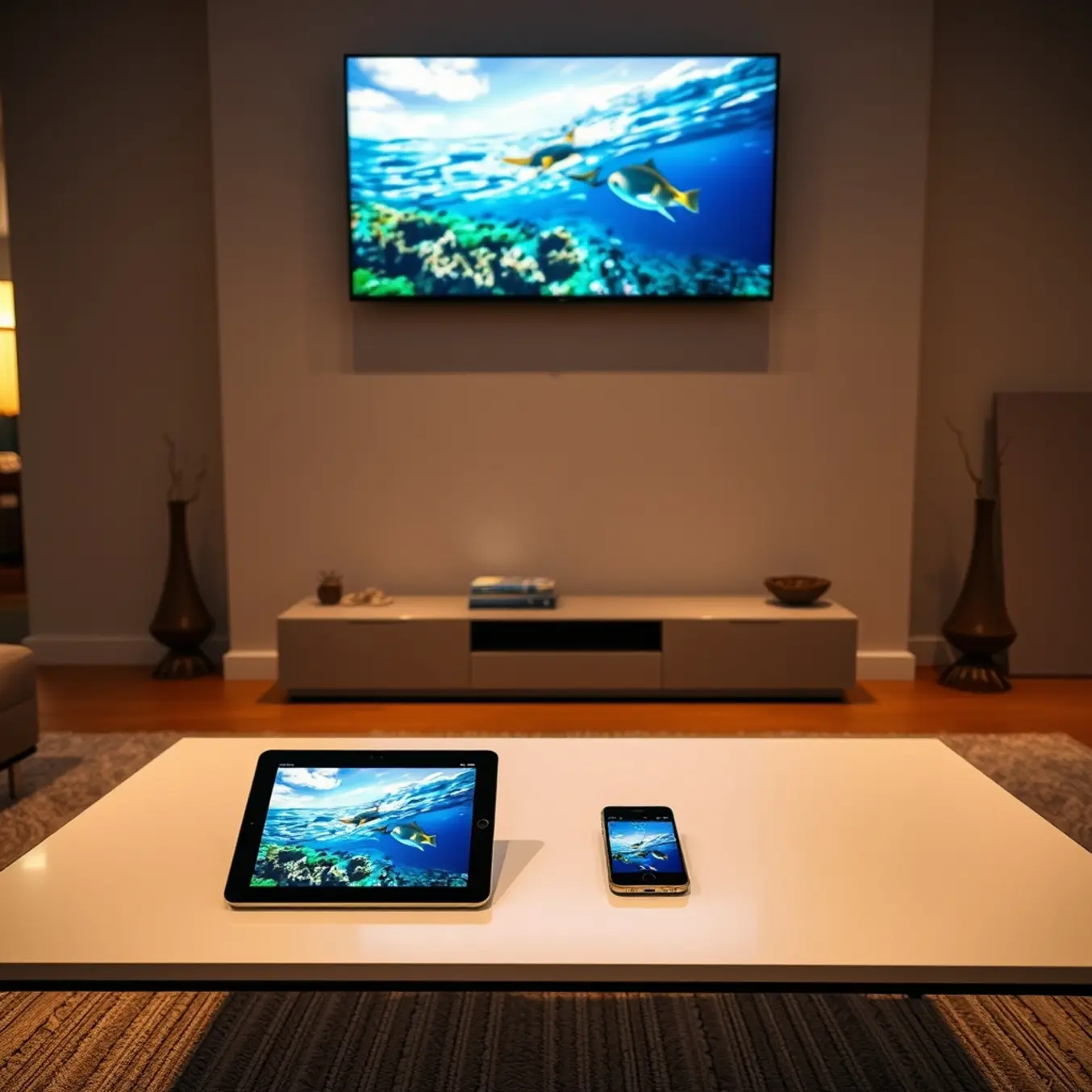 alt_text: A modern Australian living room at dusk, where a TV, tablet, and phone stream a vibrant Great Barrier Reef documentary in perfect sync.