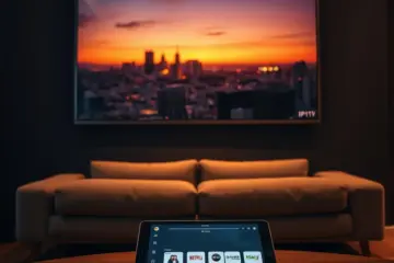 alt_text: A cinematic shot of a minimalist living room at dusk, with a Korean drama on a sleek TV and an IPTV app open on a tablet.