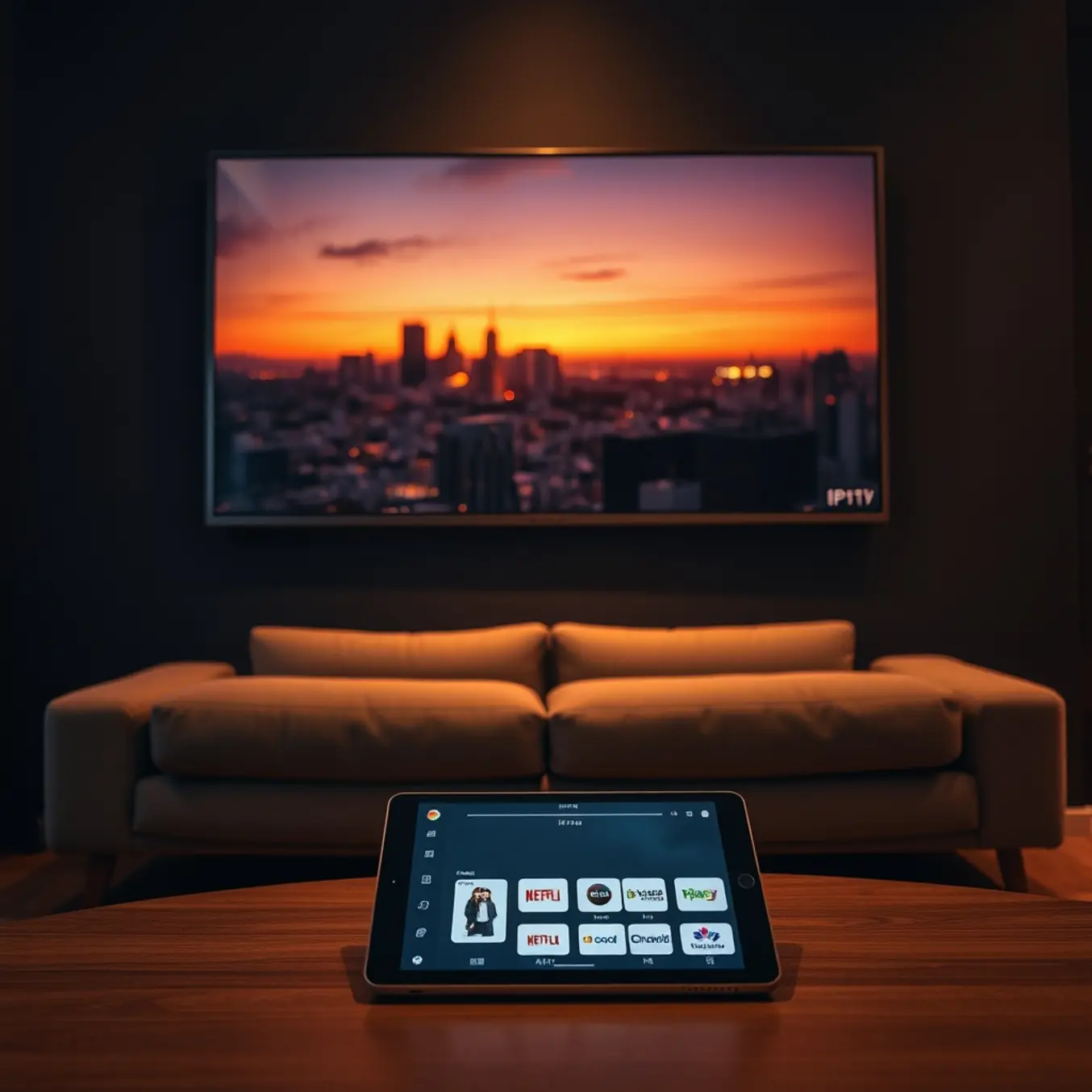 alt_text: A cinematic shot of a minimalist living room at dusk, with a Korean drama on a sleek TV and an IPTV app open on a tablet.
