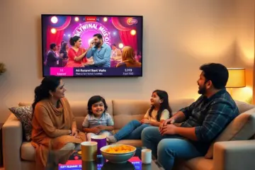 alt_text: A South Asian family relaxes on their sofa, watching a Bollywood music channel and enjoying chai during a cozy evening at home.