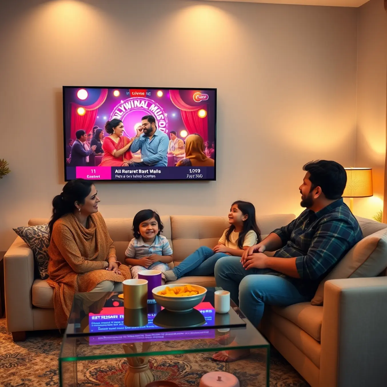 alt_text: A South Asian family relaxes on their sofa, watching a Bollywood music channel and enjoying chai during a cozy evening at home.