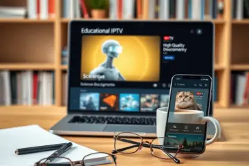 alt_text: A modern digital workspace for learning, featuring a laptop playing a science documentary, a notebook, coffee, and a smartphone with an IPTV app.