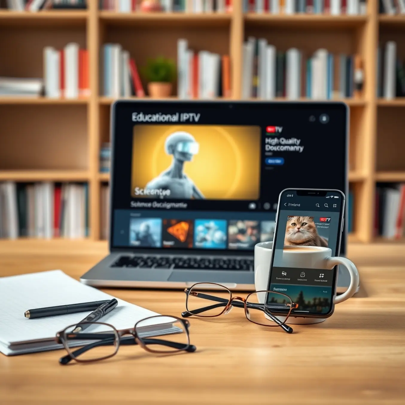 alt_text: A modern digital workspace for learning, featuring a laptop playing a science documentary, a notebook, coffee, and a smartphone with an IPTV app.