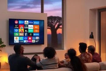 alt_text: A family watches a mosaic of French and African channels on TV in a modern West African living room at dusk.