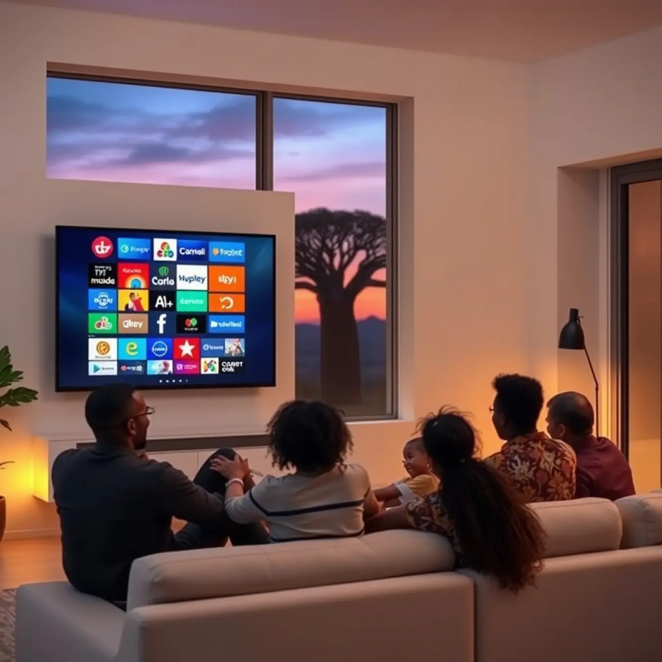 alt_text: A family watches a mosaic of French and African channels on TV in a modern West African living room at dusk.
