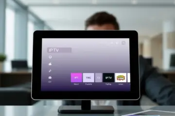 alt_text: A sleek tablet displays a customizable IPTV interface in a modern business setting, showcasing white-label digital media solutions.