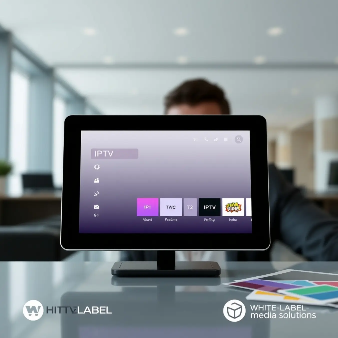 alt_text: A sleek tablet displays a customizable IPTV interface in a modern business setting, showcasing white-label digital media solutions.