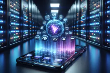 alt_text: A smartphone displays a vibrant IPTV interface, with glowing ExoPlayer and VLC holograms above it, set against a dark server room.