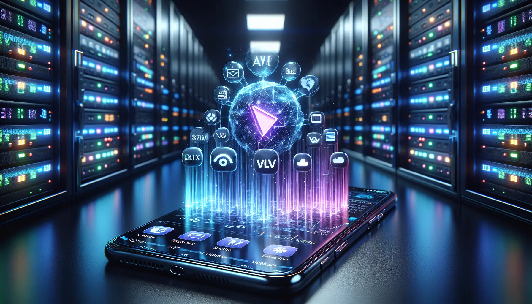 alt_text: A smartphone displays a vibrant IPTV interface, with glowing ExoPlayer and VLC holograms above it, set against a dark server room.